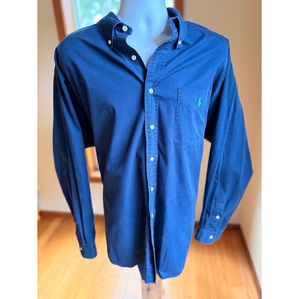 Ralph Lauren Blake Mens XL Navy Blue Cotton Button Down Shirt Green Pony Logo